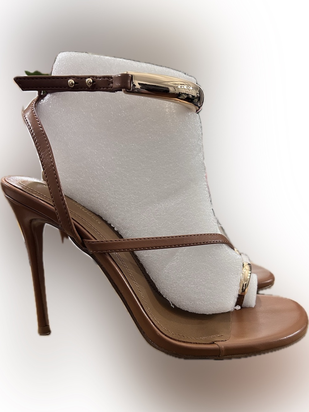 Steve Madden Tia Caramel Strappy Stiletto Sandals with Gold Accent